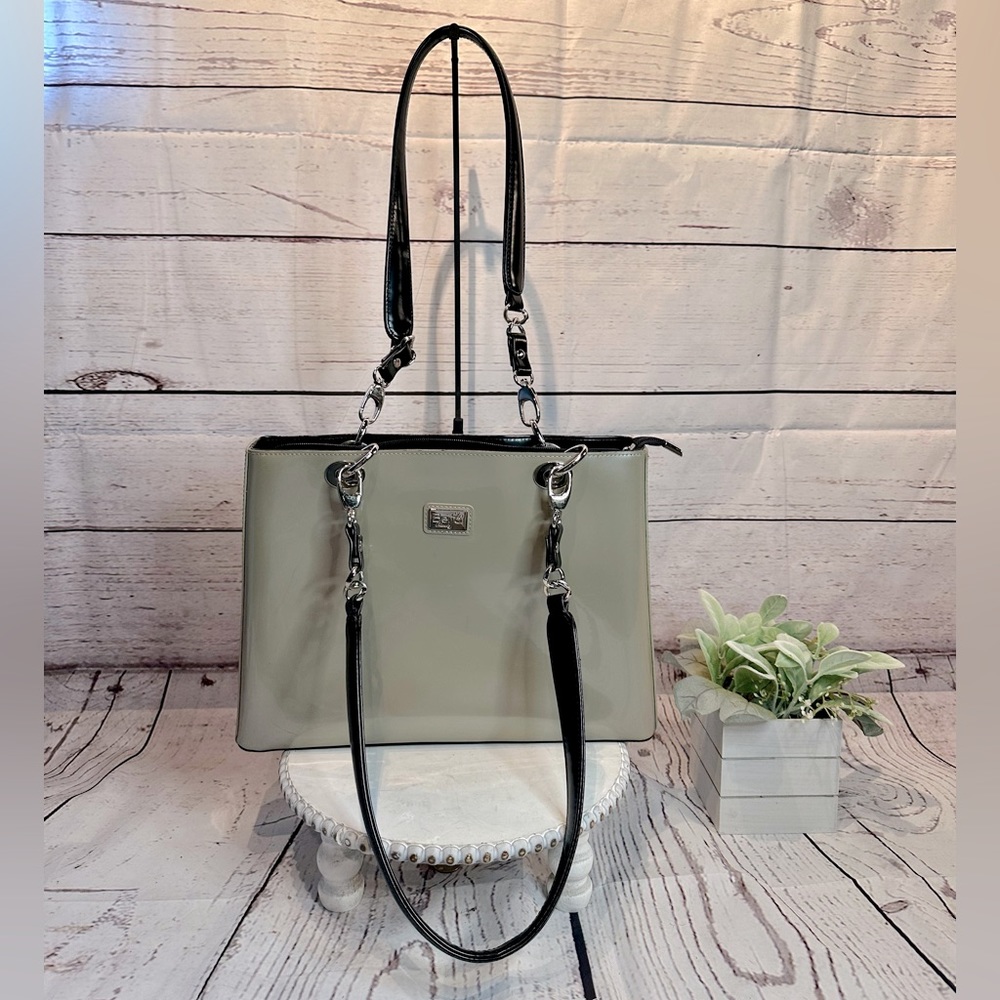 Biejo Classic  Elegant Metallic Taupe and Black Shoulder Tote Bag - Picture 4 of 14